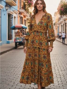 House of Harlow 1960 Mustard Floral Tiered Maxi Dress